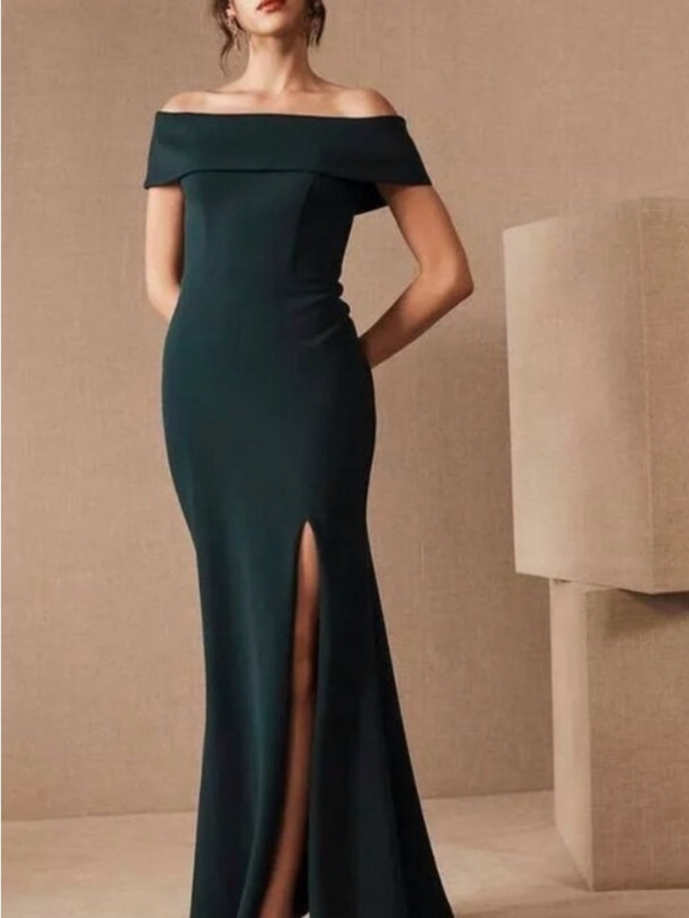 BHLDN Off-the-Shoulder Dark Green Dress with Front Slit - altered to be mid